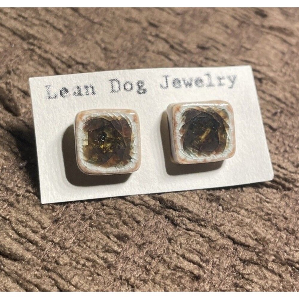 Handmade Ceramic & Glass Earrings Stud Post plug Brown white Square Cube